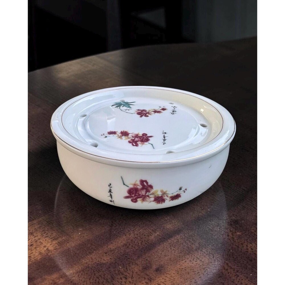 Vintage Ceramic Flower Frog Bowl Asian Floral Arranger, Bulb Planter, Bowl